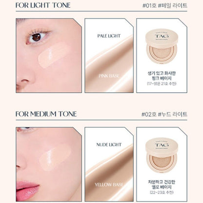 1+1/TAG Dewy Skin Cushion/01Pale Light/02Nude Light/SPF50+/Long Lasting/Korea