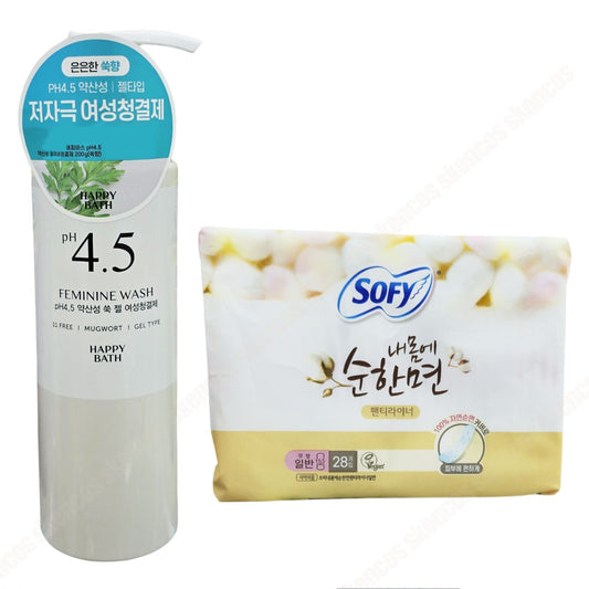 Happy Bath pH4.5 Feminine Wash/Mugwort+Sofy Mild Cotton Panty Liner 28Pads/Korea