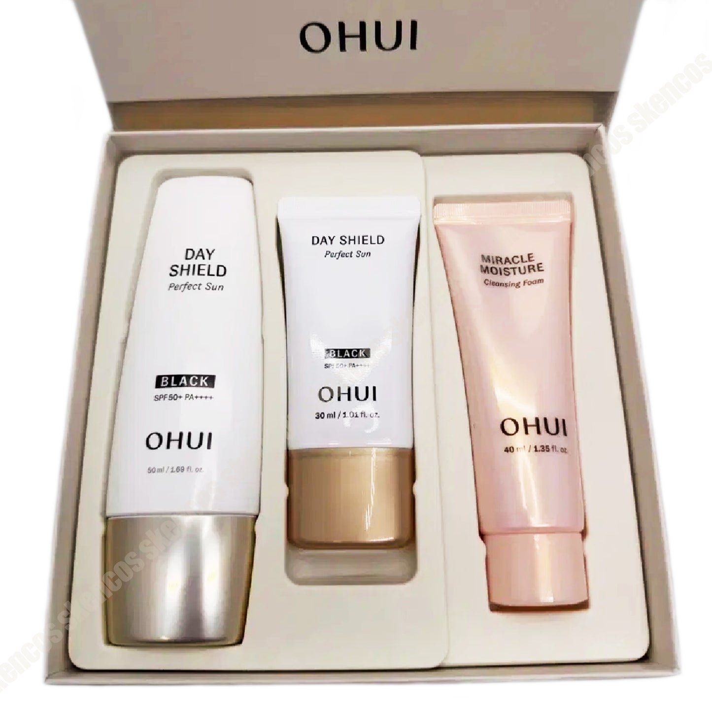 O HUI/オーヒュイ デイシールド パーフェクトサンブラック SPF50+ 50ml+トナー+エマルジョン+クレンザーセット