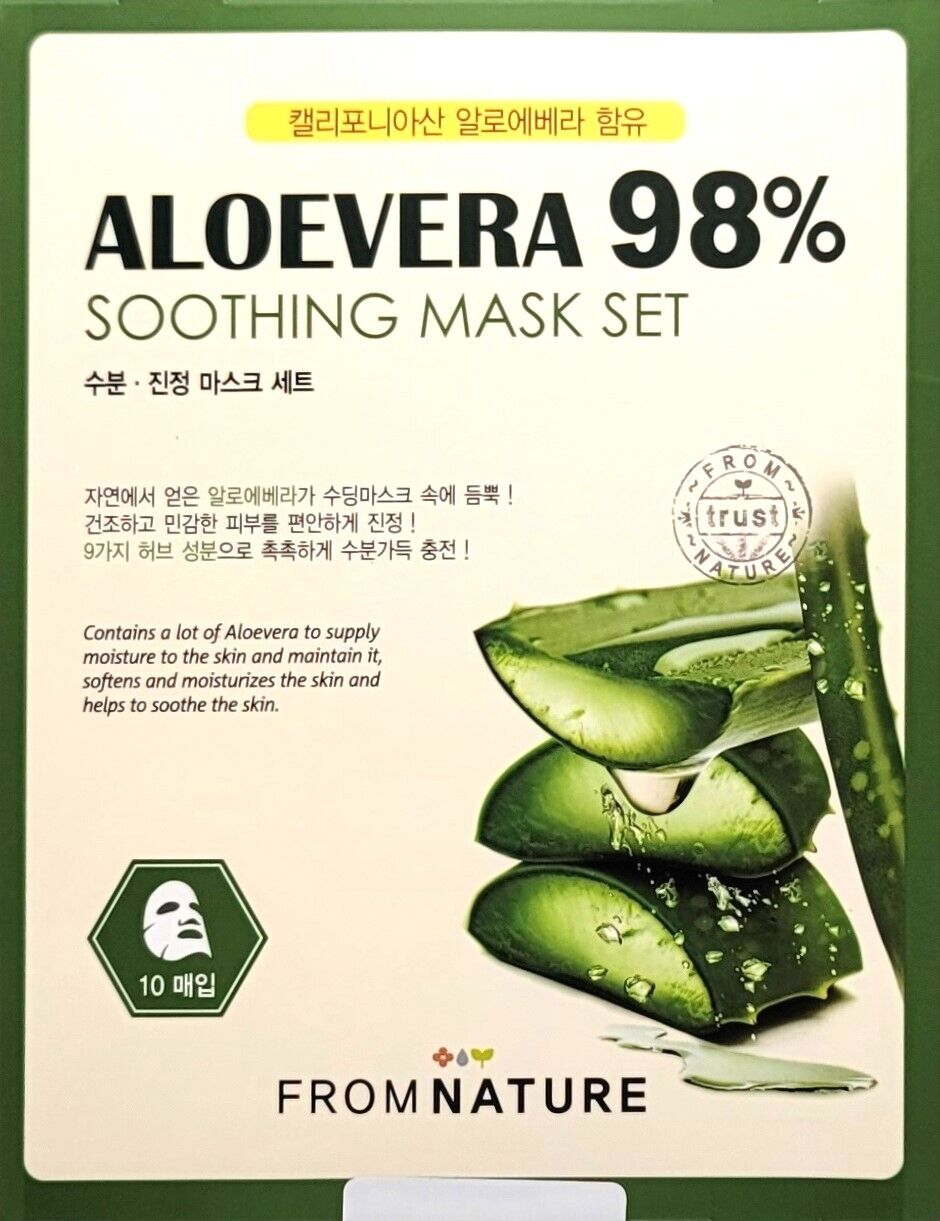 FROM NATURE ALOEVERA 98% Beruhigende Maske 10 Stück+Kollagen Hydro Honig Maske 10 Stück Set